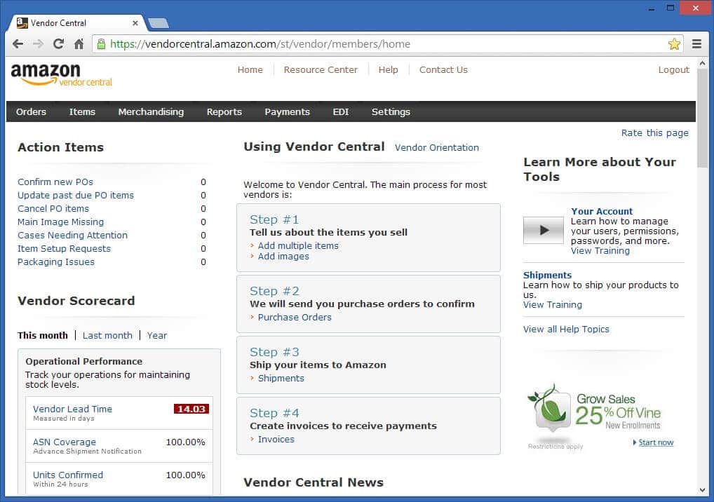 Amazon Vendor Central interface