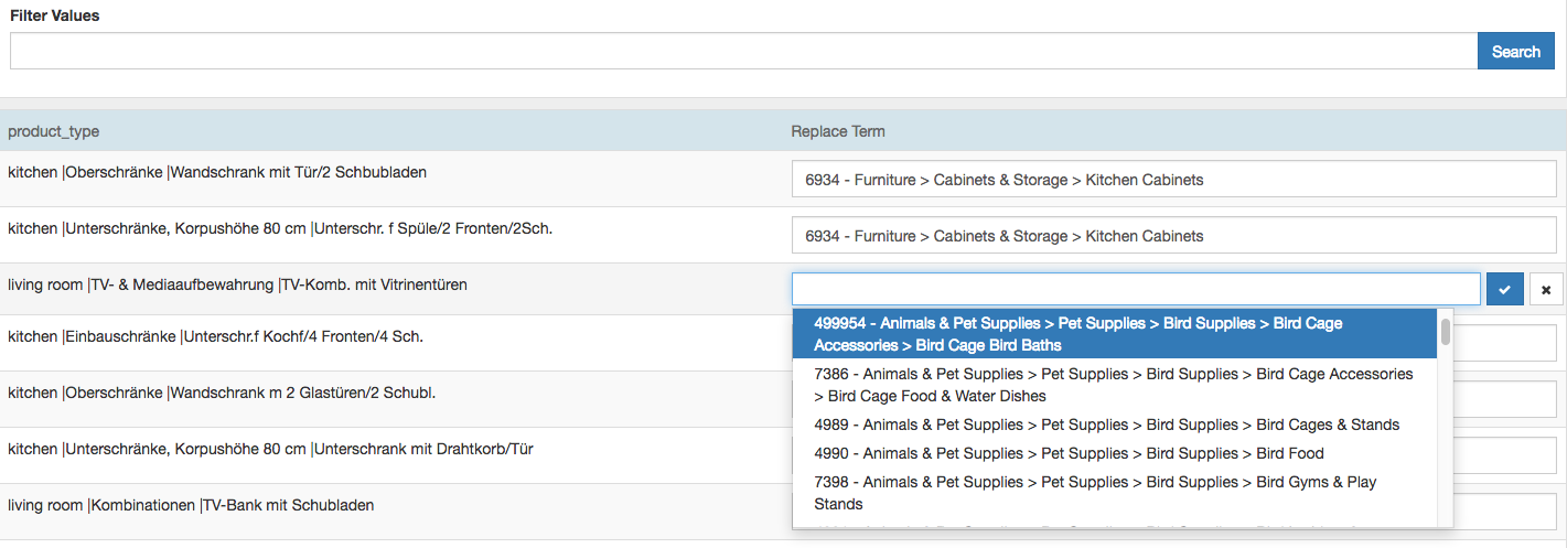 product category mapping list for Google