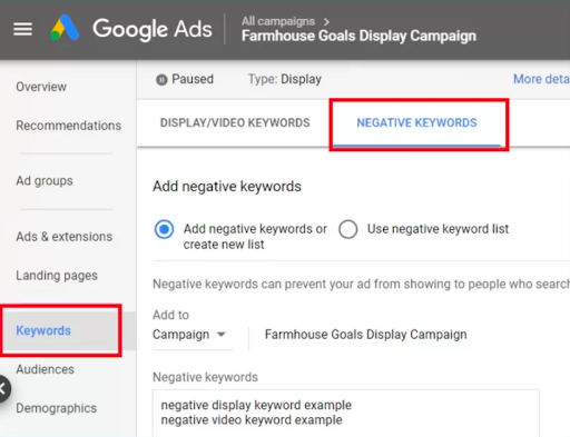 Negative keywords